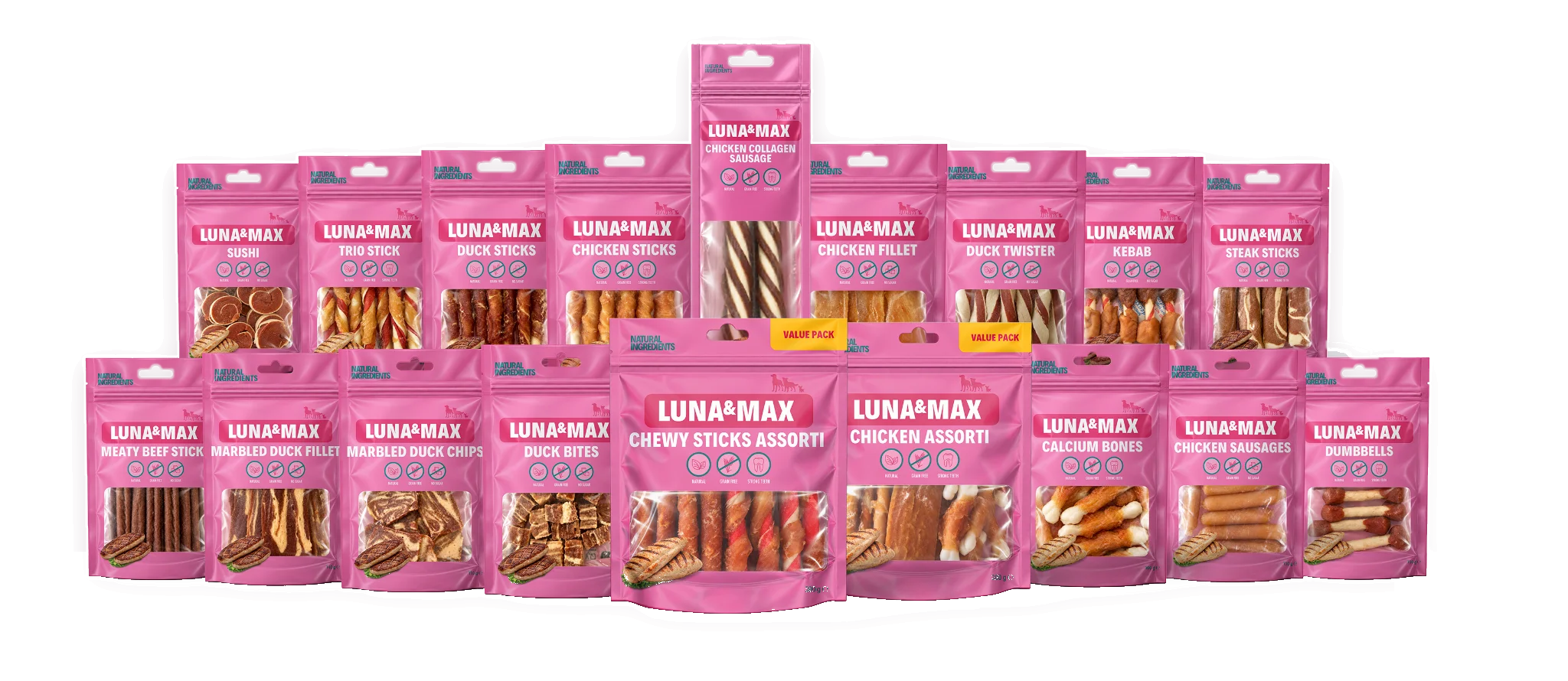 The full LUNA&MAX range of 18 dog treats in pink pouches